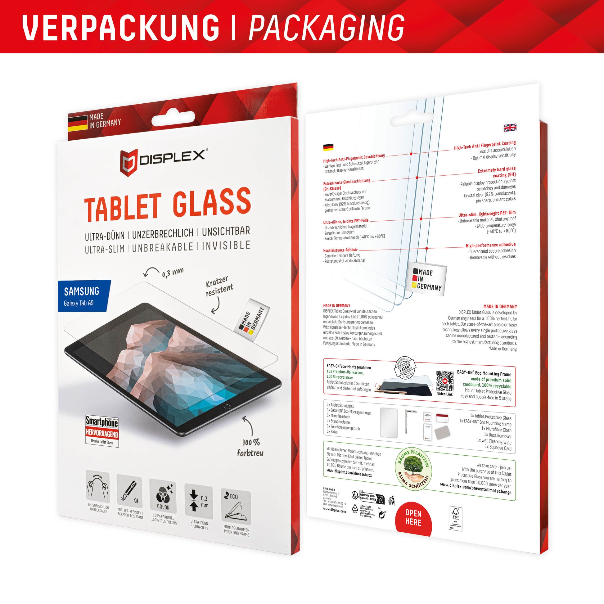 E.V.I. Panzerglas für Samsung Galaxy Tab A9 8,7" – 9H, Anti-Fingerprint