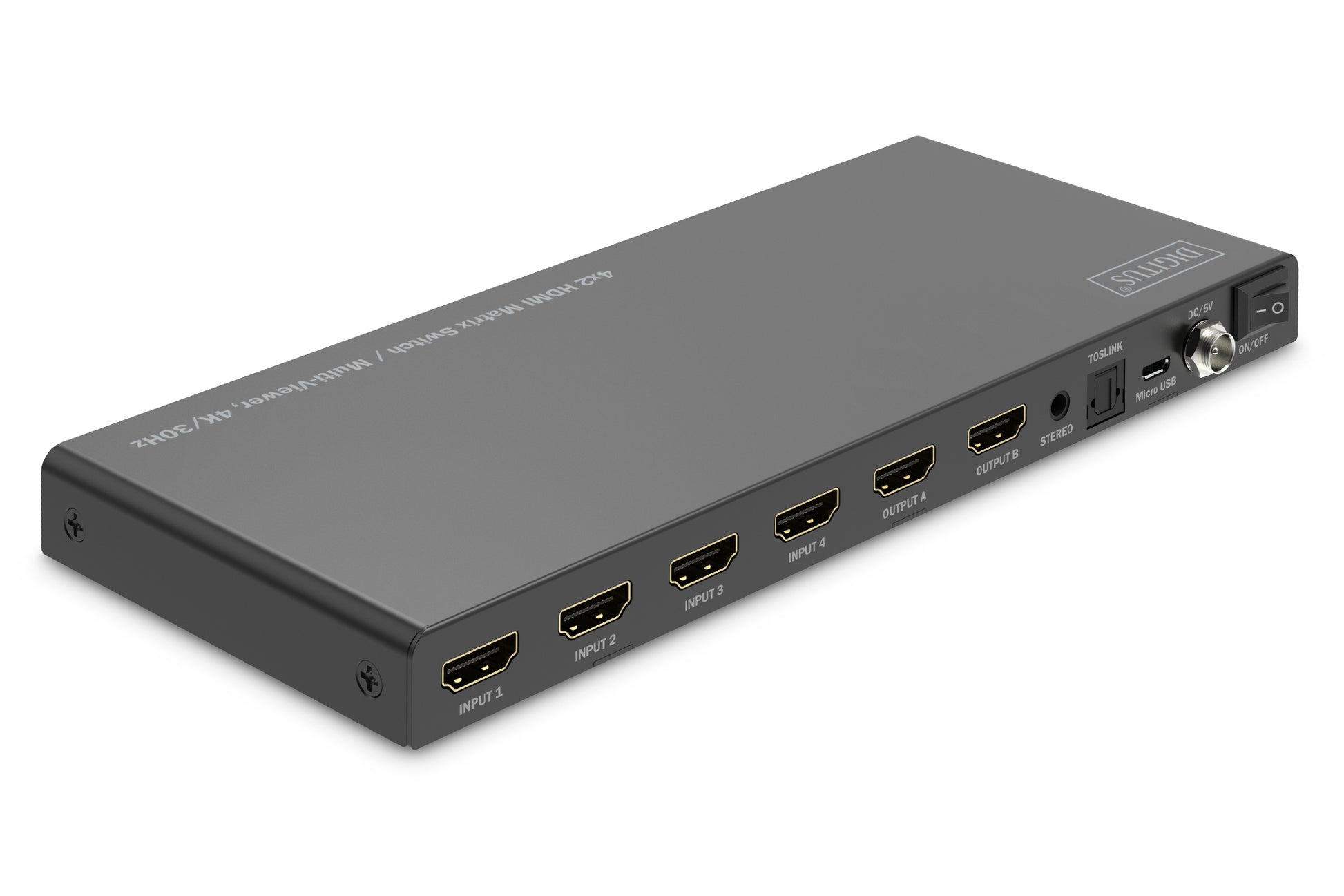Digitus 4×2 HDMI AV-Matrix-Umschalter – 4K/30 Hz, 10,2 Gbit/s, HDMI 1.4 – Schwarz, Metall