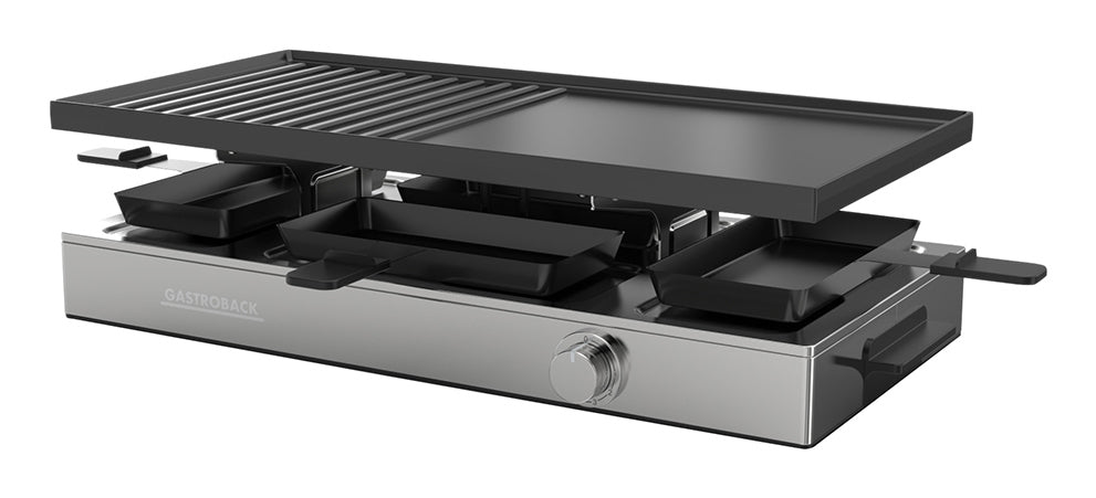 Gastroback Raclette 42563 – 8 Personen, 1700 W, 12 Pfännchen, Aluminiumguss – schwarz/edelstahl