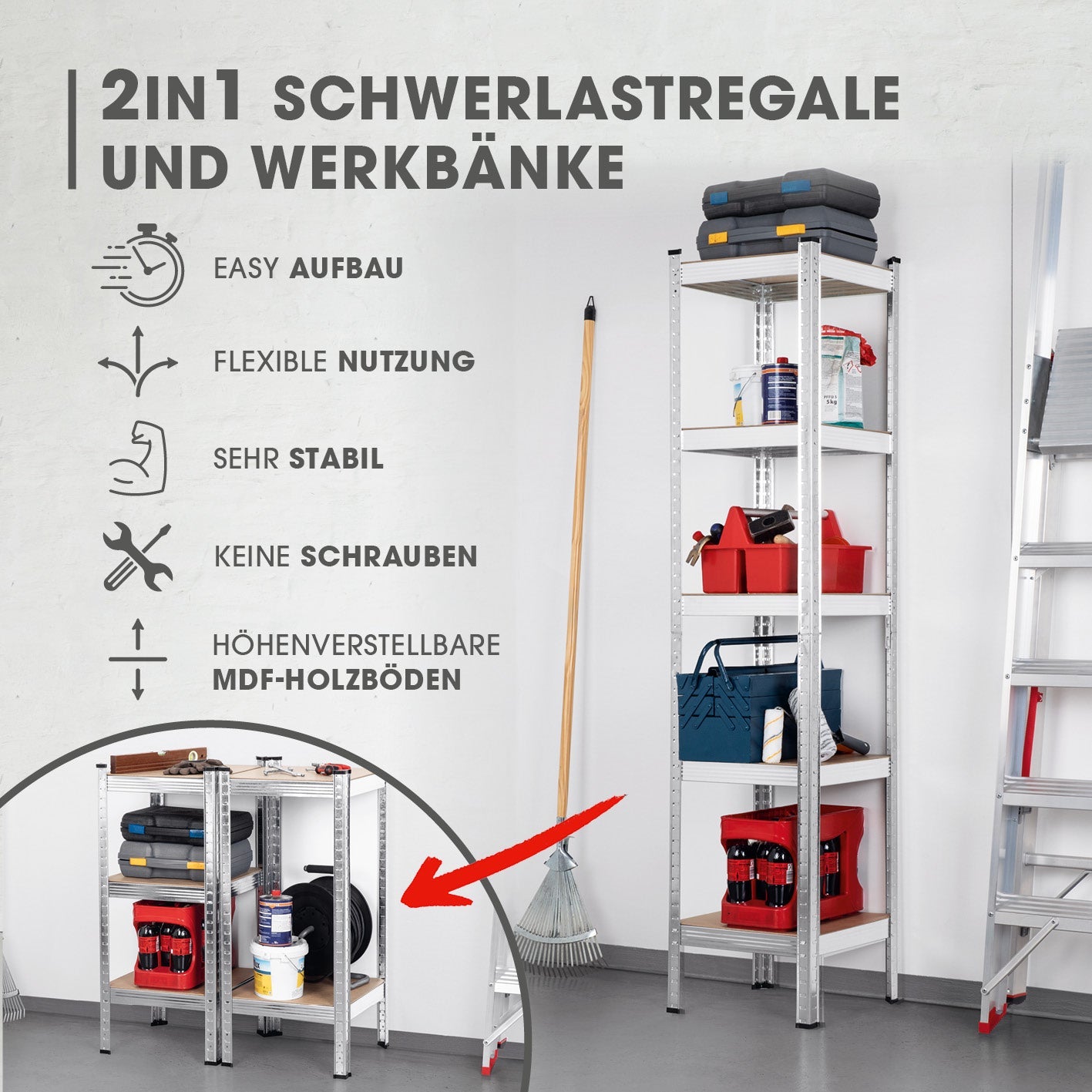 EASYmaxx Regal – Metall/MDF, Grau, 40 × 180 × 40 cm, 5 Tablare, Traglast 175 kg pro Tablar