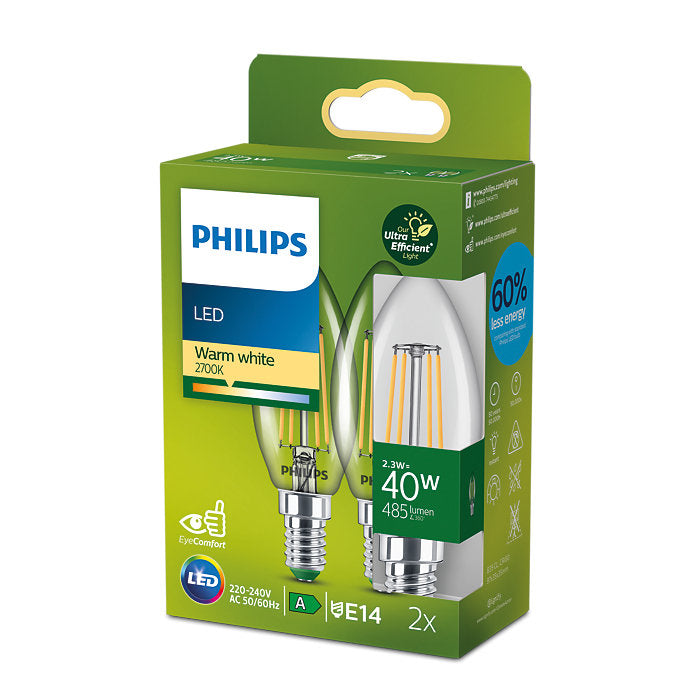 Philips LED-Leuchtmittel E14 B35 (Kerze) – Warmweiss 2700 K, 485 lm, 2,3 W – Klar/Glas – 1 Stk.