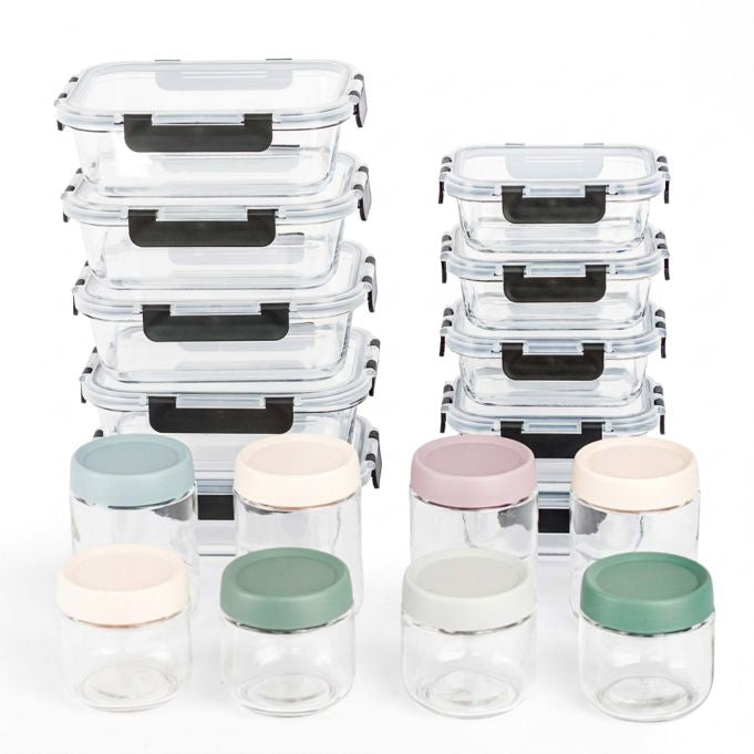 Relaxdays Vorratsdose 1,0 l, 21 × 16 × 11,5 cm, Glas/Kunststoff, 18 Stk.