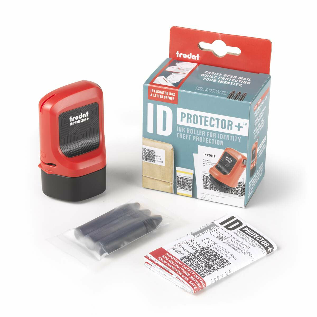 Trodat Adressschutz-Roller ID Protector – inkl. 3 Nachfülltinten (Schwarz, Feuerrot)