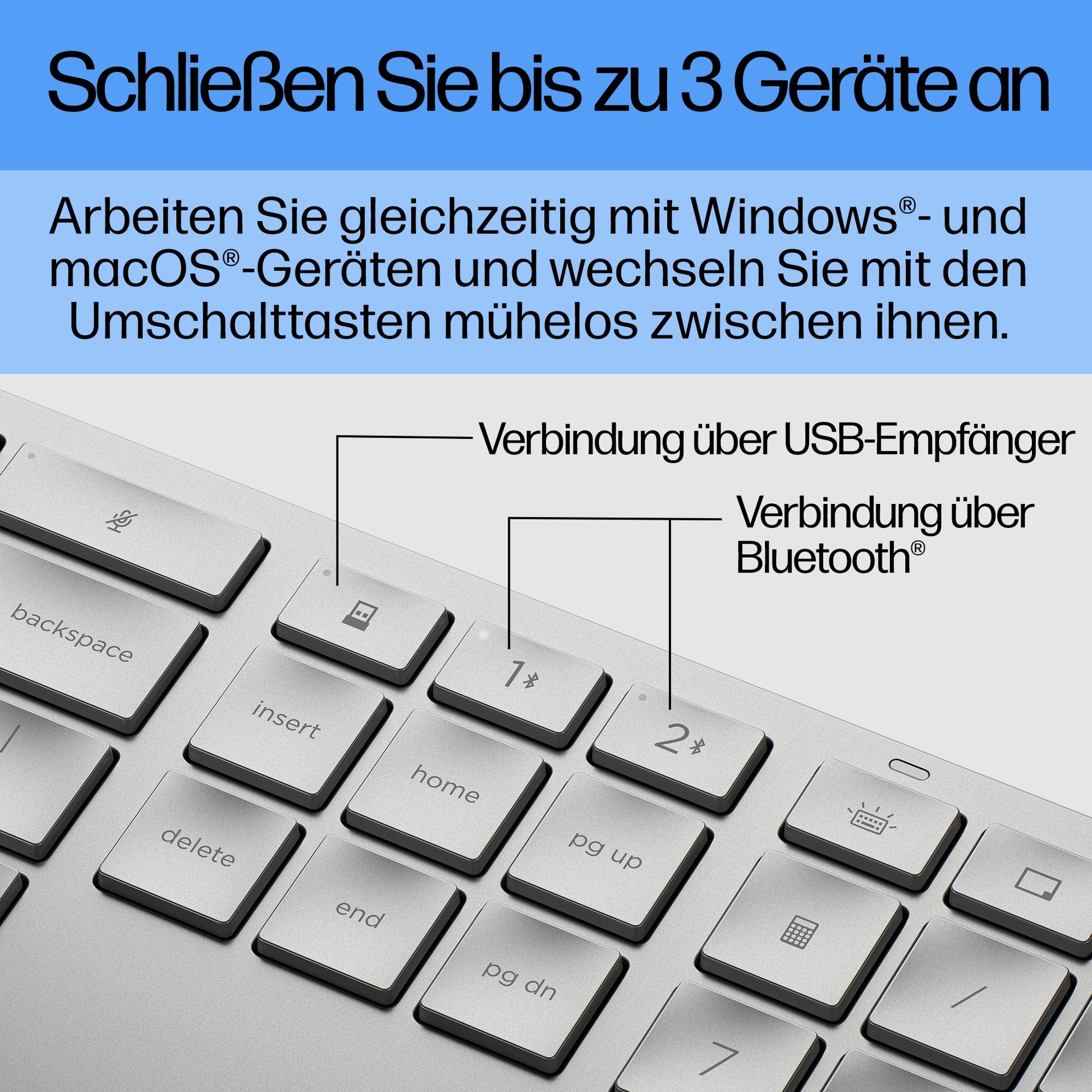 HP 970 Programmierbare Wireless K – Tastatur – Bluetooth (USB-C Ladeport) – Silber