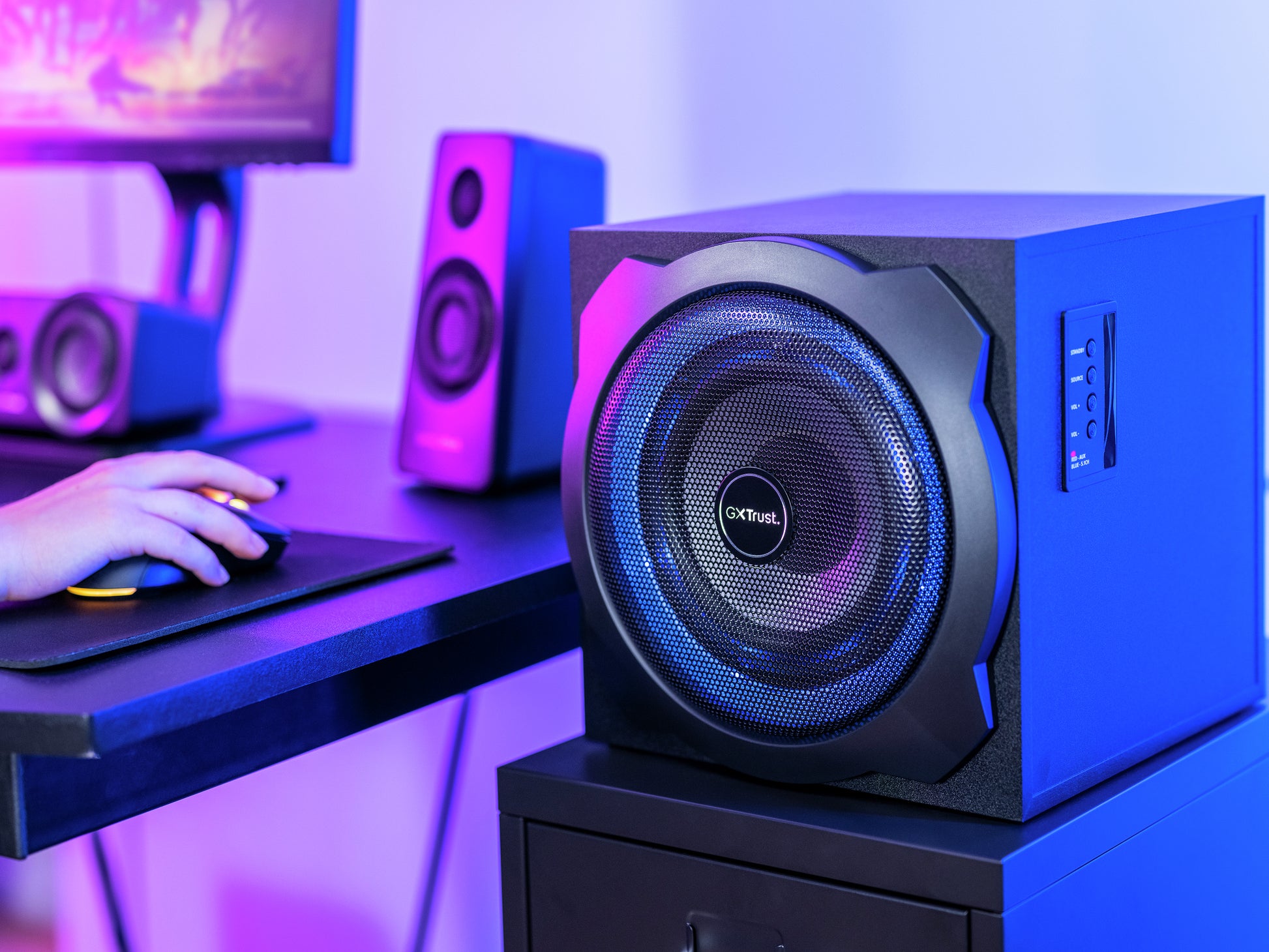Trust GXT 658 Tytan – PC-Lautsprecher-Set – 5.1, 90 W, mit aktivem Subwoofer, 3,5 mm Klinke, Blau, Schwarz