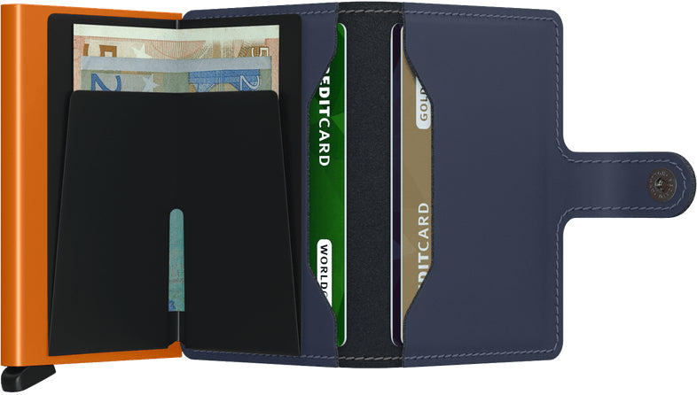 Secrid Miniwallet – RFID-Schutz – 65×102×21 mm, für 10 Karten – Mattes Nachtblau/Orange – Leder