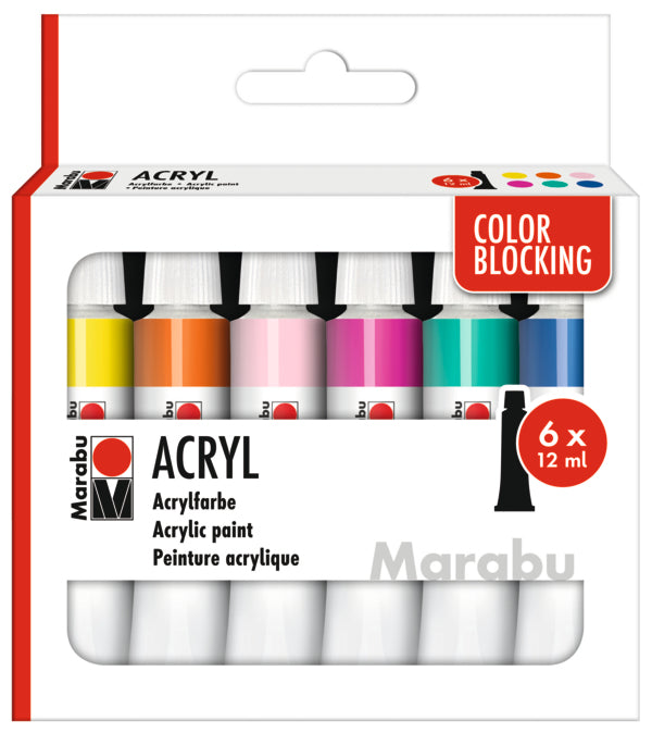 Marabu Color Blocking Acrylfarbe – 6 Farben – 6×12 ml (72 ml) – für Leinwand, Papier, Holz
