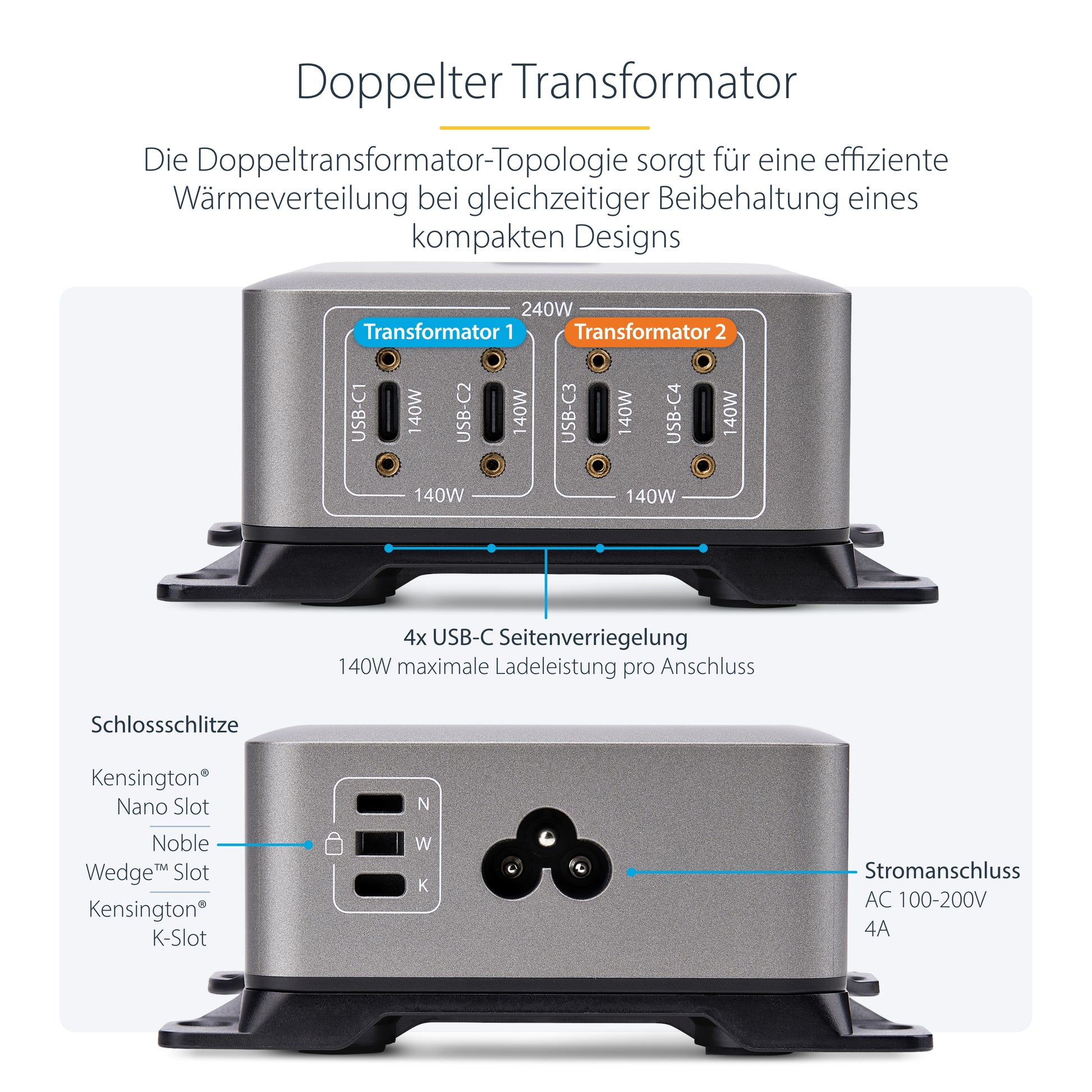 StarTech.com USB-Desktop-Ladegerät 240 W – USB-C×4 – PD 3.1, GaN, EU-Stecker (Typ C)