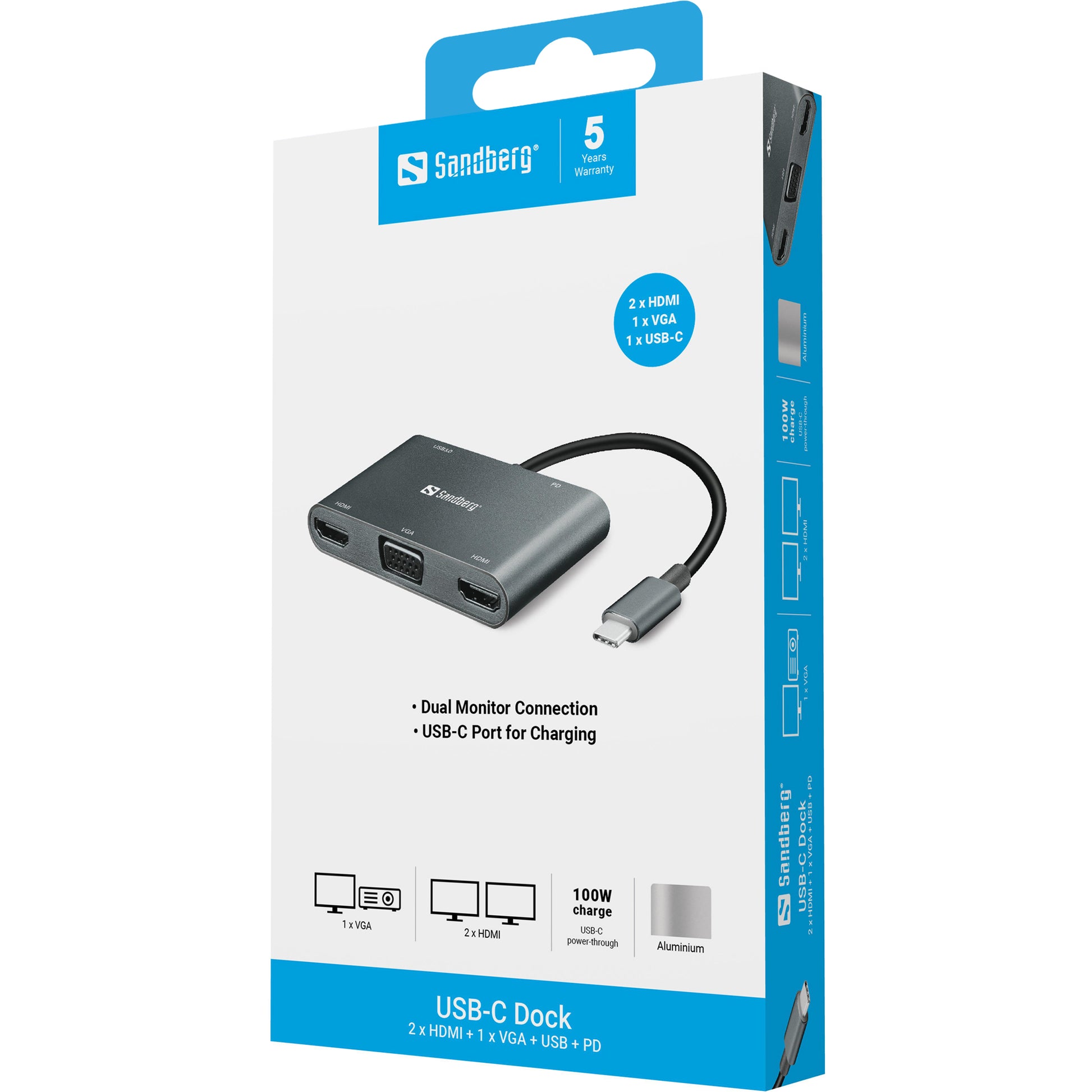 Sandberg Dockingstation – USB-C, 2× HDMI, 1× VGA, 1× USB-A