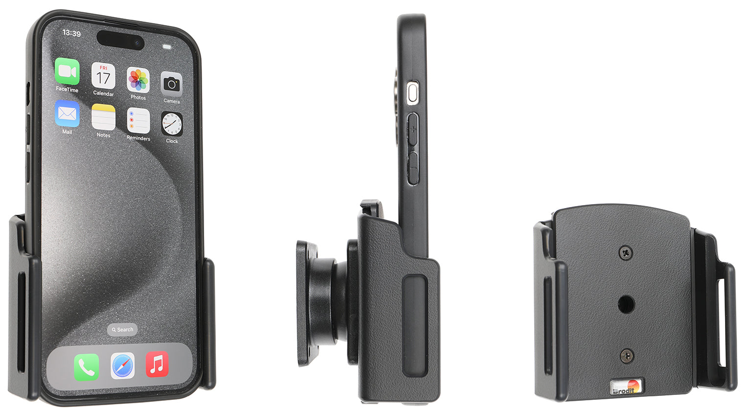 Brodit Auto-Halterung (passiv) – Neigbar 0–17°, 360° drehbar – Auto – für iPhone 15, iPhone 15 Pro – Schwarz