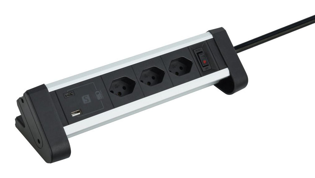 M. Schönenberger Steckdoseneinheit – 3×T13, USB‑A/USB‑C 20 W, 3 m Kabel, Schalter, Tisch
