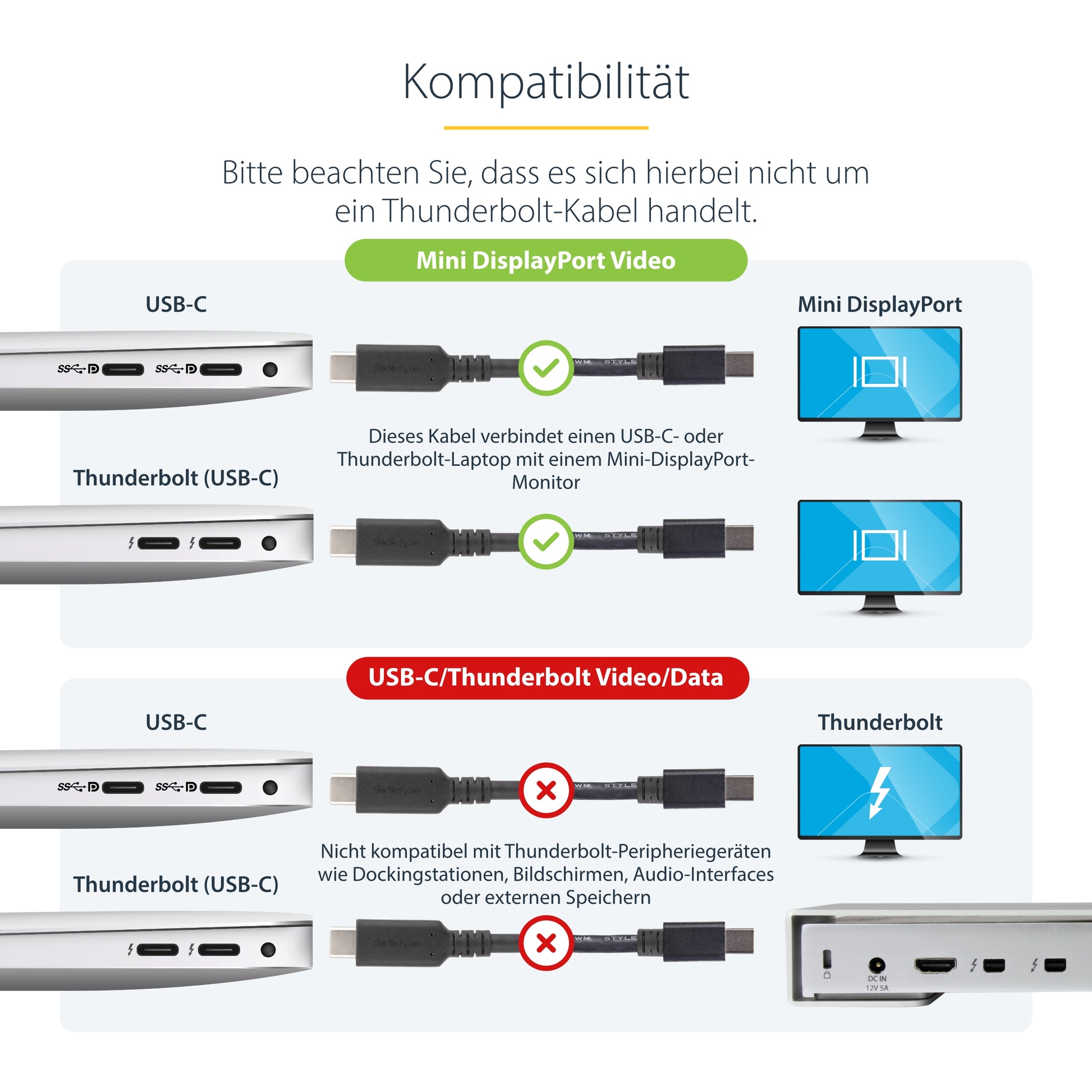 StarTech.com USB-C (Stecker) auf Mini DisplayPort (Stecker) Adapter, 4K@60 Hz, 1,8 m