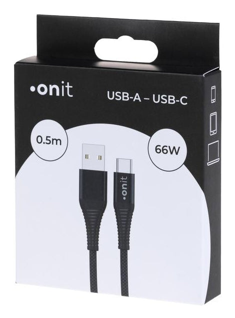 ONIT USB-Kabel – USB-A auf USB-C – USB 2.0 (480 Mbit/s) – 0,5 m – PD 66 W – Textilmantel – Schwarz