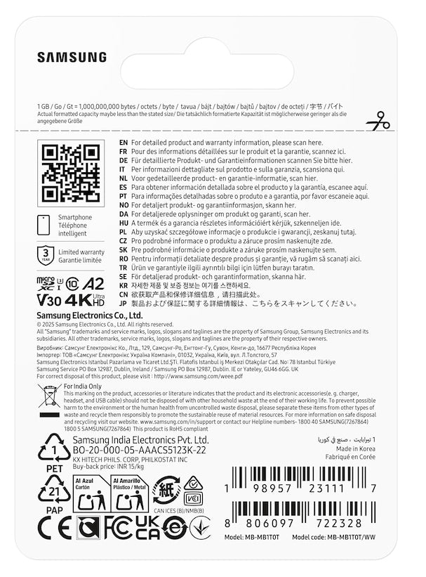 Samsung T7 microSDXC 1 TB – UHS-I, U3, V30, A2, 170 MB/s Lesen, Blau