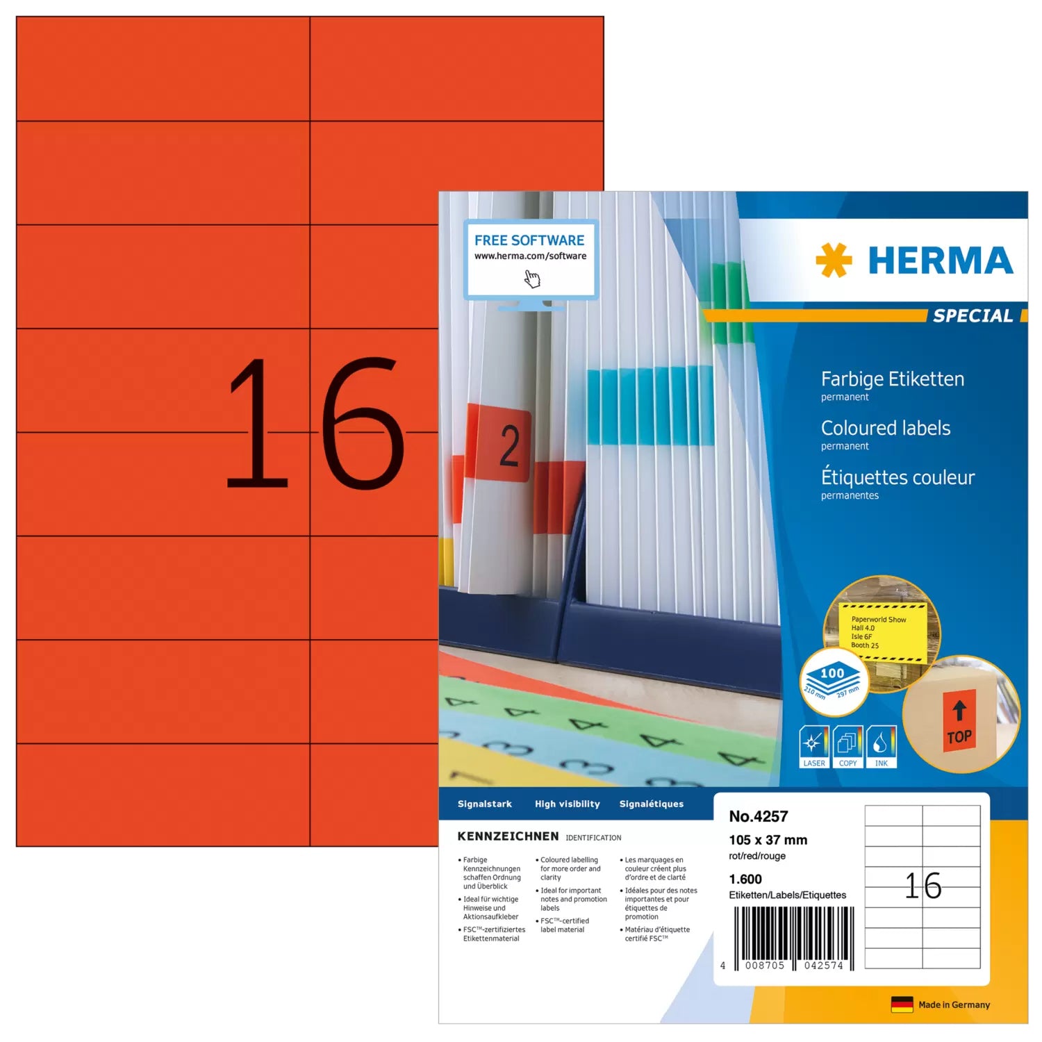 HERMA Etiketten auf Bögen, 105 mm × 37 mm, rot, Papier, permanent haftend, 100 Blatt (1600 Etiketten)
