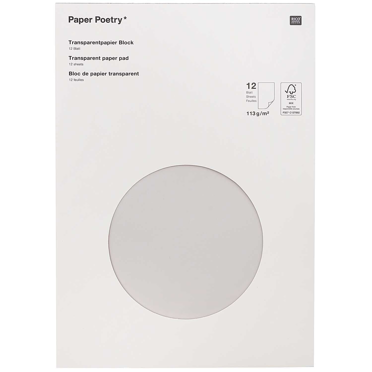 Rico Design Transparentpapier Block Paper Poetry – A4, 113 g/m², 12 Blatt