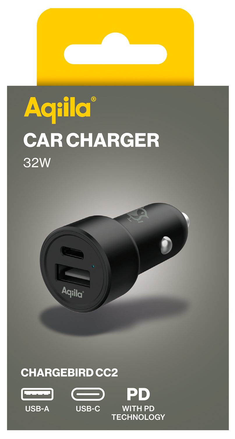 Aqiila CC2 Auto-Ladegerät 32 W – USB-C×1, USB-A×1 – PD, QC 3.0 – für 12–24 V Fahrzeuge – Schwarz