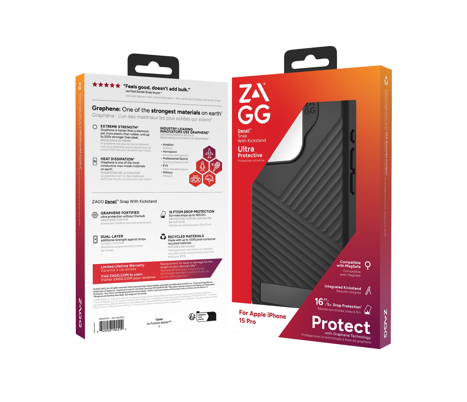 ZAGG Denali Snap Backcover – für Apple iPhone 15 Pro, mit Ständer, Graphen, Schwarz, bis 5 m sturzsicher