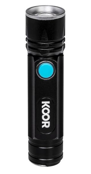 KOOR Taschenlampe P7 – 350 lm, 20 m, IP45, USB, 1200 mAh Akku – Schwarz