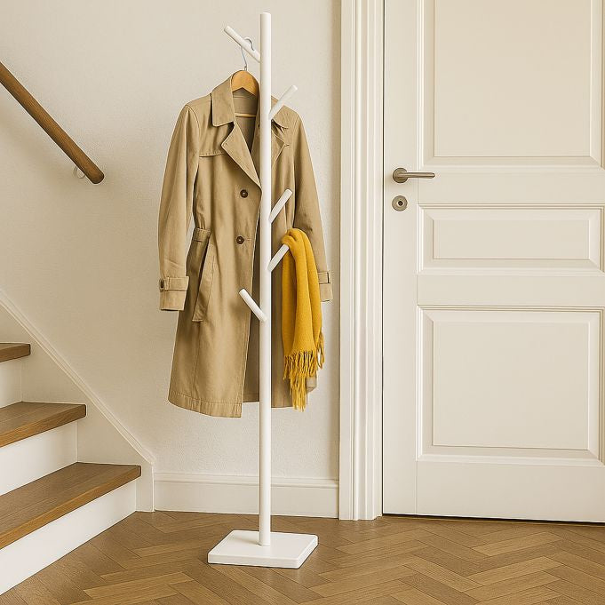 Relaxdays Garderobenständer – 8 Haken, Gummibaumholz/MDF, Weiss, 175 × 30 × 30 cm
