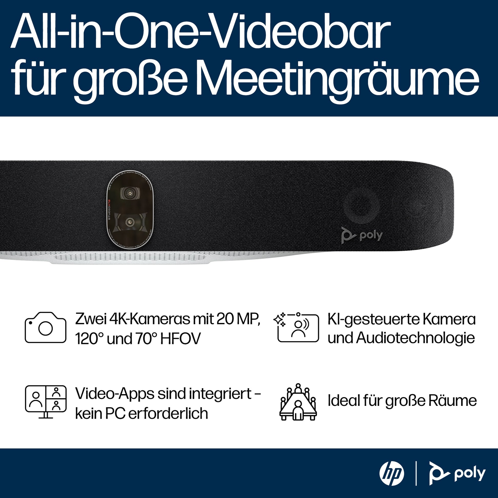 HP Poly Studio X72 – 4K Ultra HD Videokonferenzsystem, 7,3× Digitalzoom, mit TC10 Controller-Kit, Schwarz