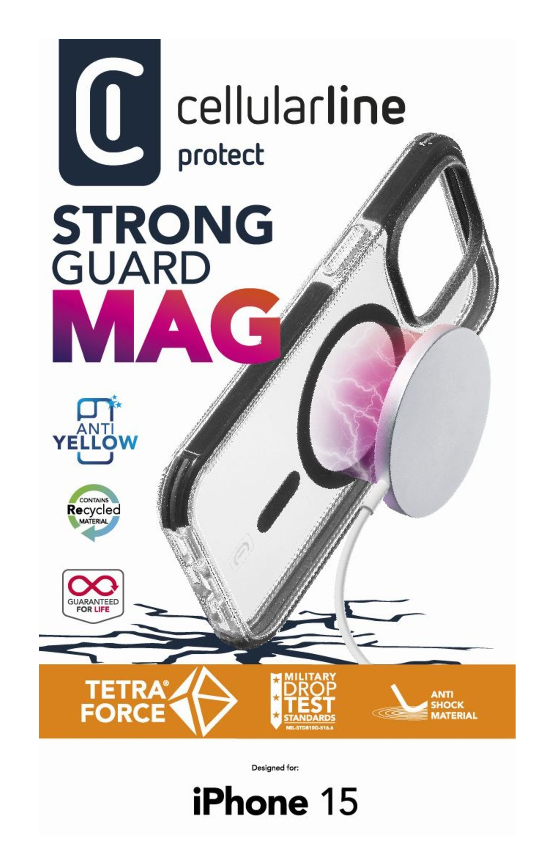 Cellularline Strong Guard Backcover – für Apple iPhone 15, MagSafe, Kunststoff, Schwarz, antibakteriell
