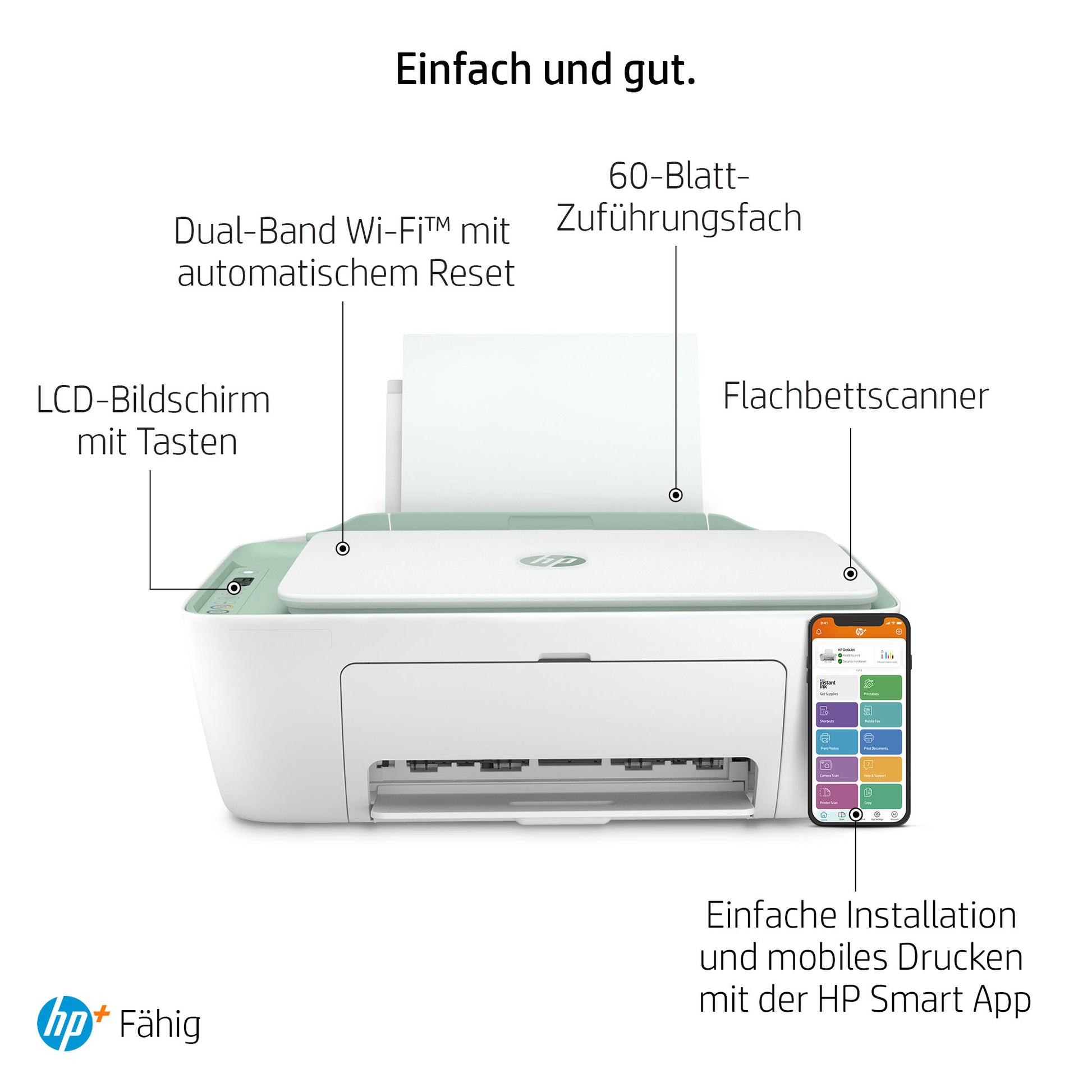 HP DeskJet 2722e 6-Farbtintenstrahl-Multifunktionsdrucker, A4, 3-in-1, Duplex, WLAN, AirPrint, Mopria