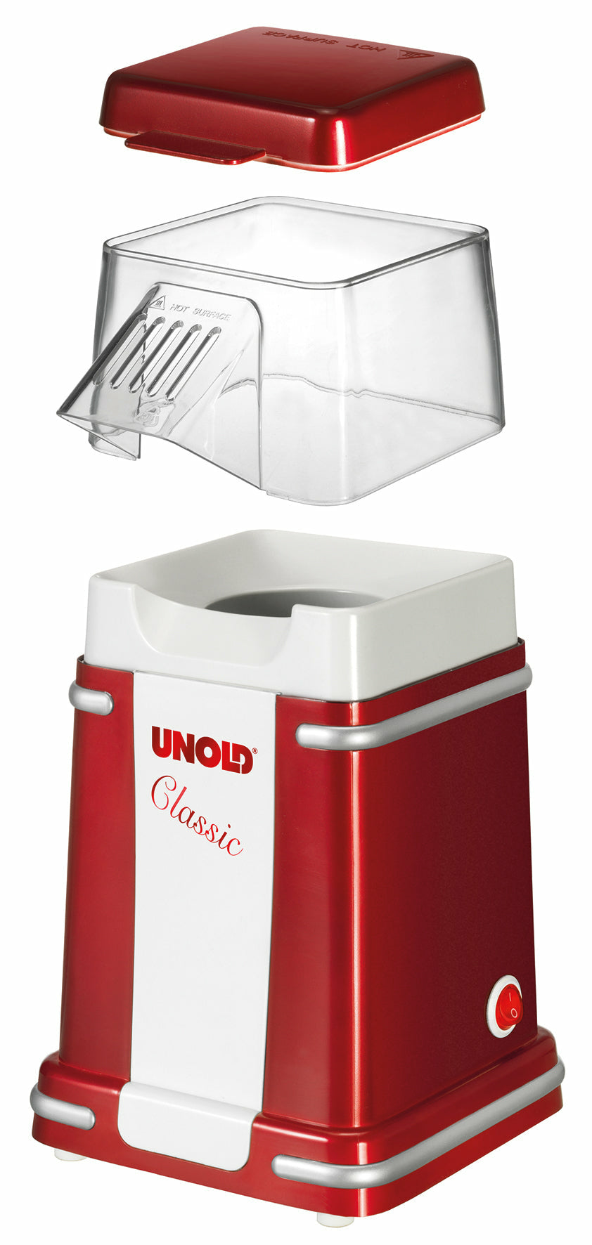 Unold Popcornmaschine Classic 48525 – 100 g, 900 W, Deckel als Messbecher – rot/silber/weiss