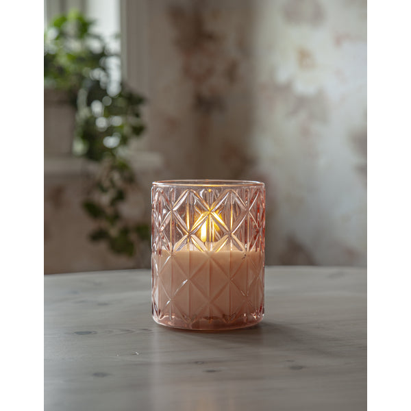 Star Trading Flamme Romb LED Kerze – Ø 10 × 12,5 cm – Glas & Wachs, Rosa – Timer