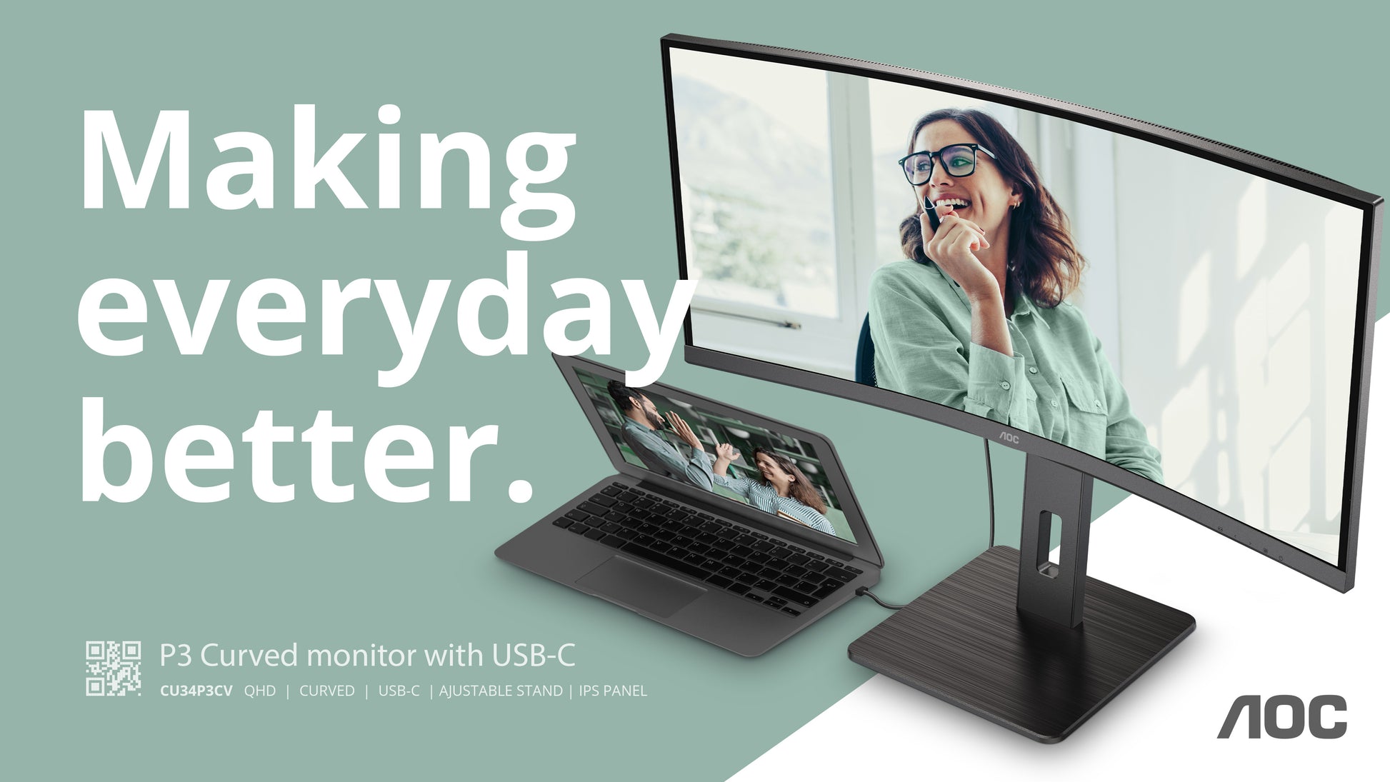 AOC Monitor, 34", 3440 × 1440 (UWQHD), VA, 100 Hz, 300 cd/m², KVM, USB-C, Gebogen, VESA 100 × 100, Schwarz