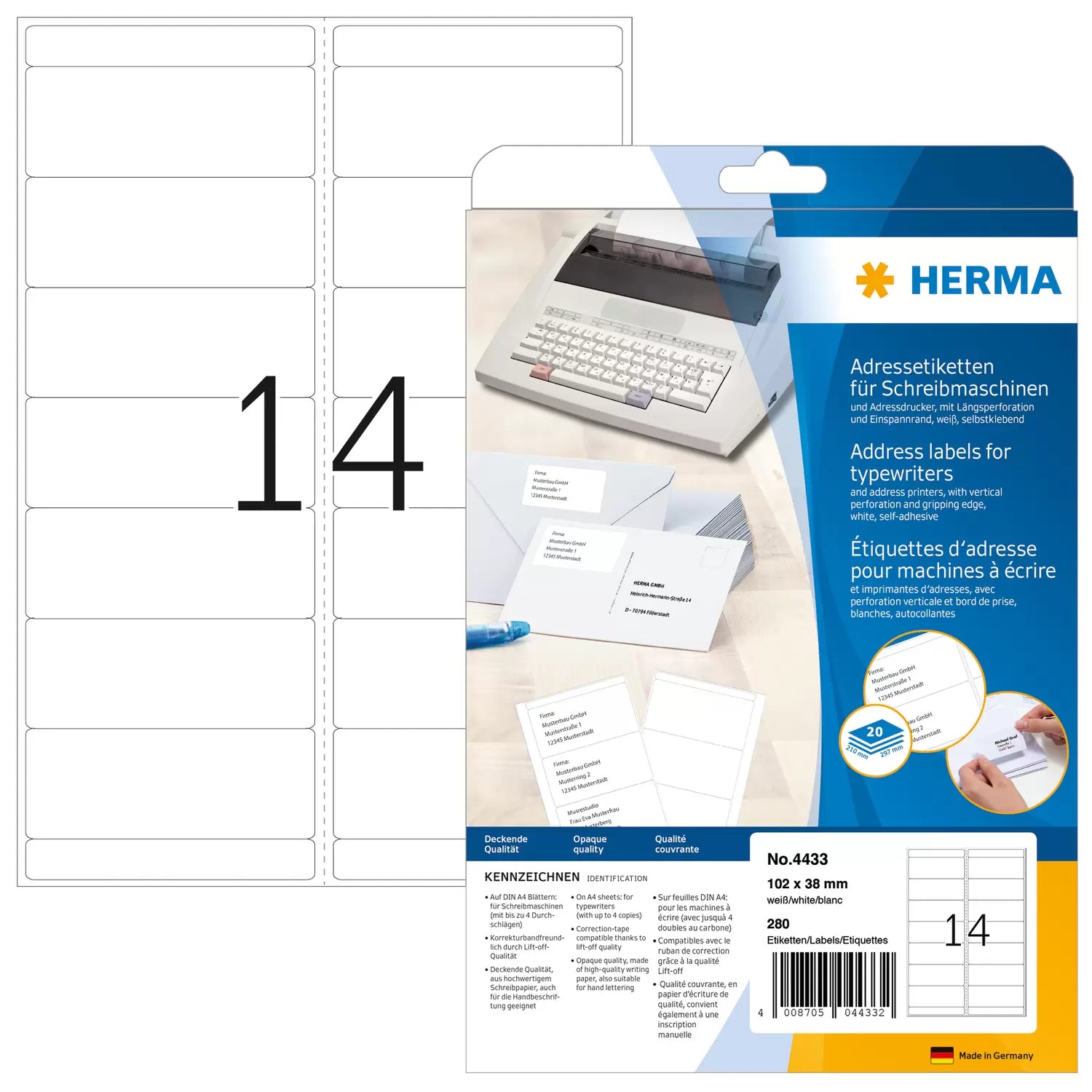 HERMA Adressetiketten, korrigierbar – für Schreibmaschinen bis 4 Durchschläge – 280er-Pack