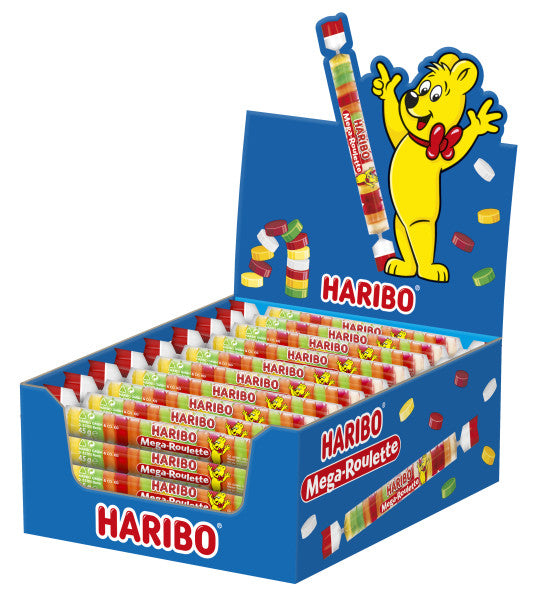 Haribo Mega Roulette Fruchtgummi – Schwarze Johannisbeere, Zitrone, Orange, Ananas, Himbeere – 45 g