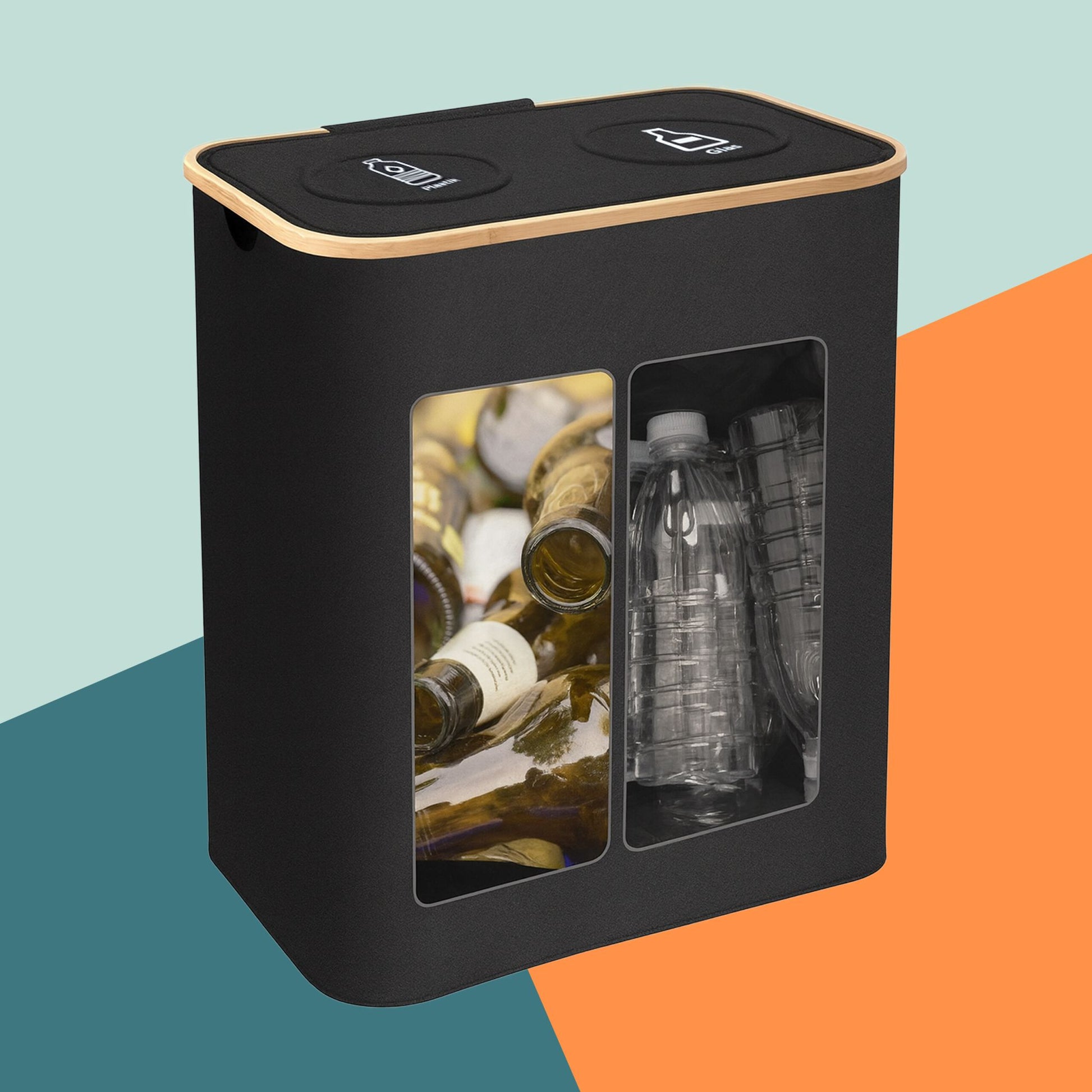 Relaxdays Recyclingbox – 170 l – Polyester/Kunststoff/Bambus, rechteckig – schwarz – 2-fach, mit Innenkübel