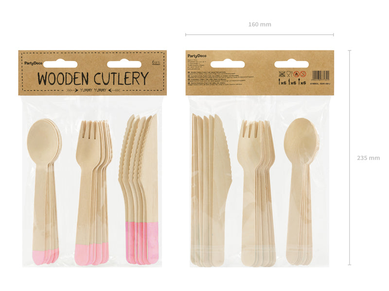 PartyDeco Besteck-Set 3-teilig, Holz (Birke) – 16 cm – Hellrosa – 18 Stk.