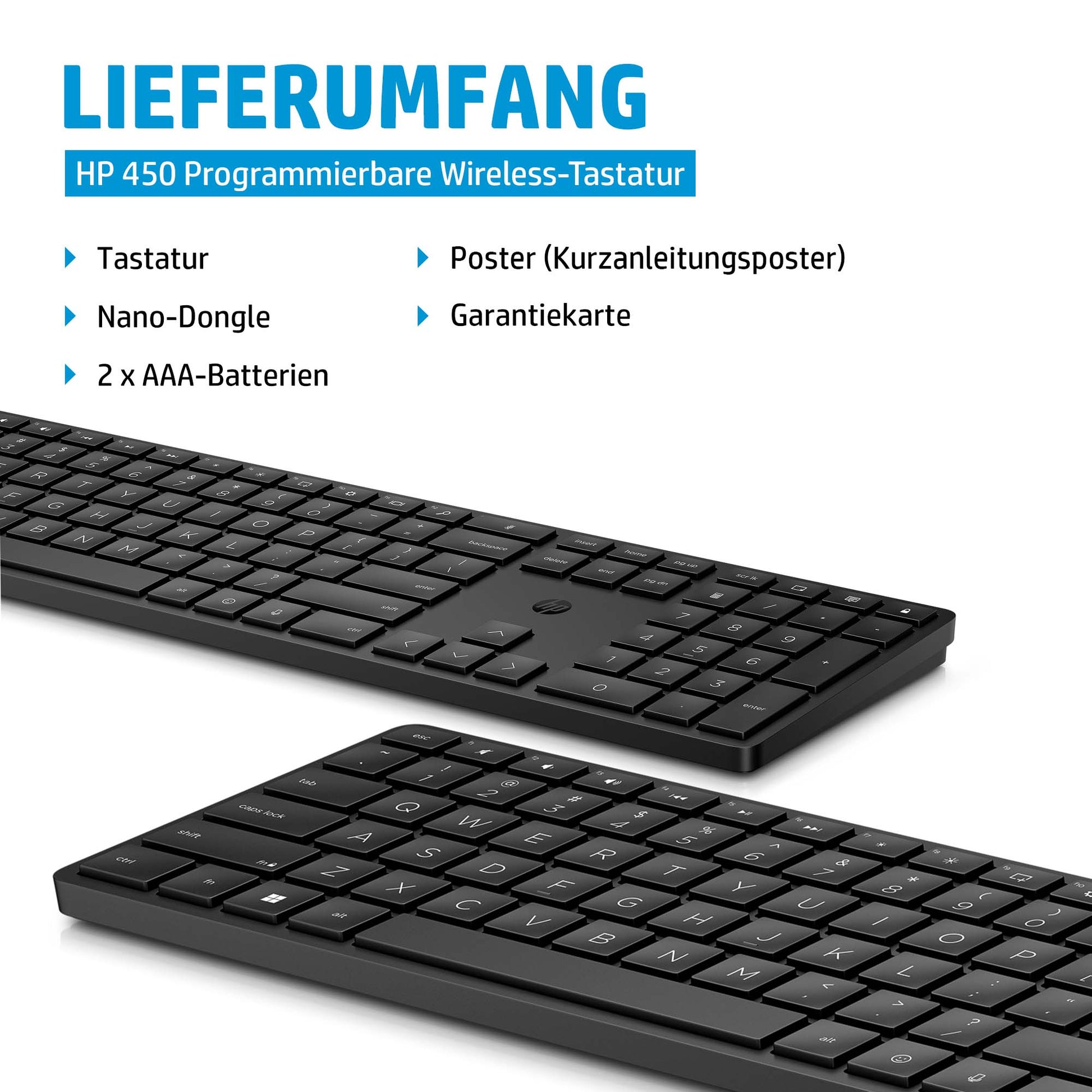 HP 450 – Tastatur – Programmierbar, Verkabelt & 2,4 GHz (USB-A), Schwarz – für PCs mit USB-A-Anschluss