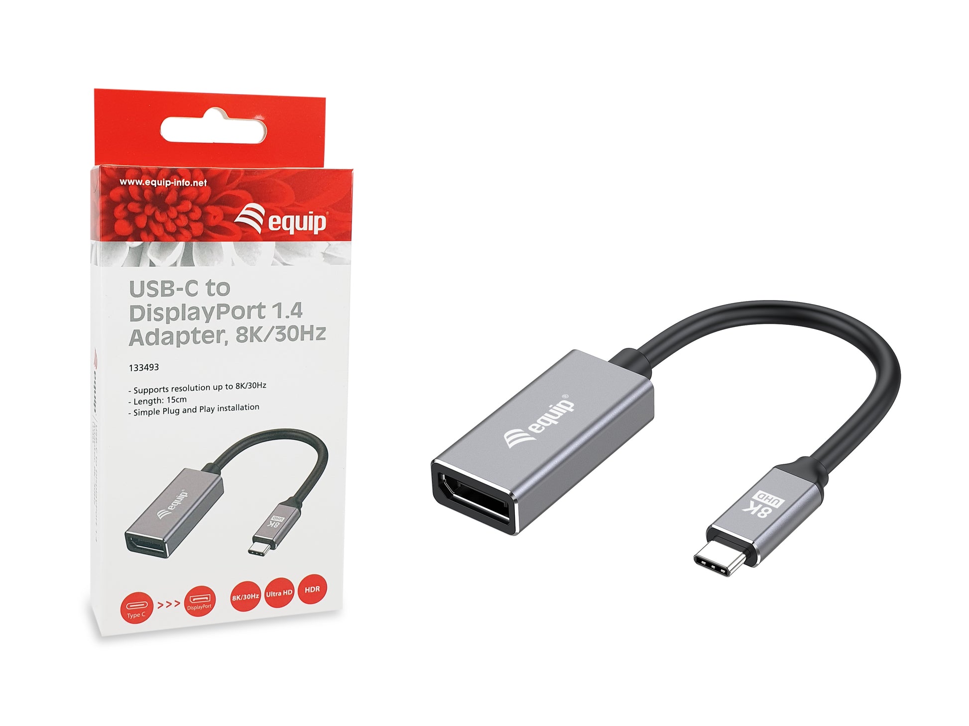 Equip Adapter USB-C zu DisplayPort – 8K (7680 × 4320) @ 30 Hz, DisplayPort 1.4, 0,15 m, Schwarz/Grau