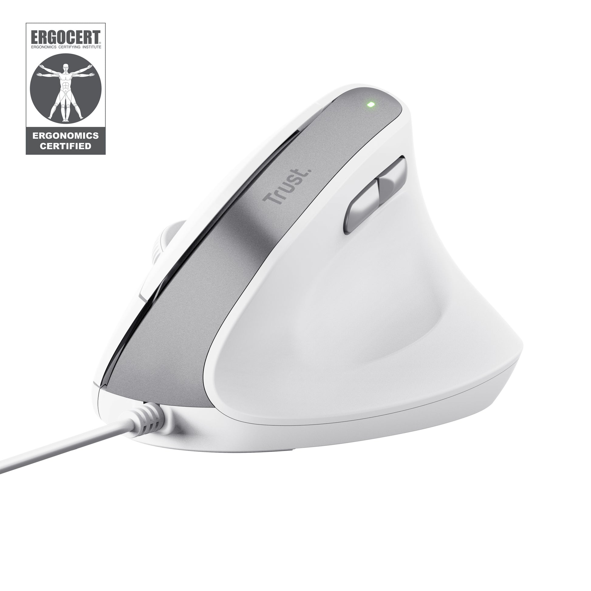 Trust Bayo II Ergonomische Maus – kabelgebunden, für Rechtshänder, Daumentaste, aus recyceltem Material, weiss