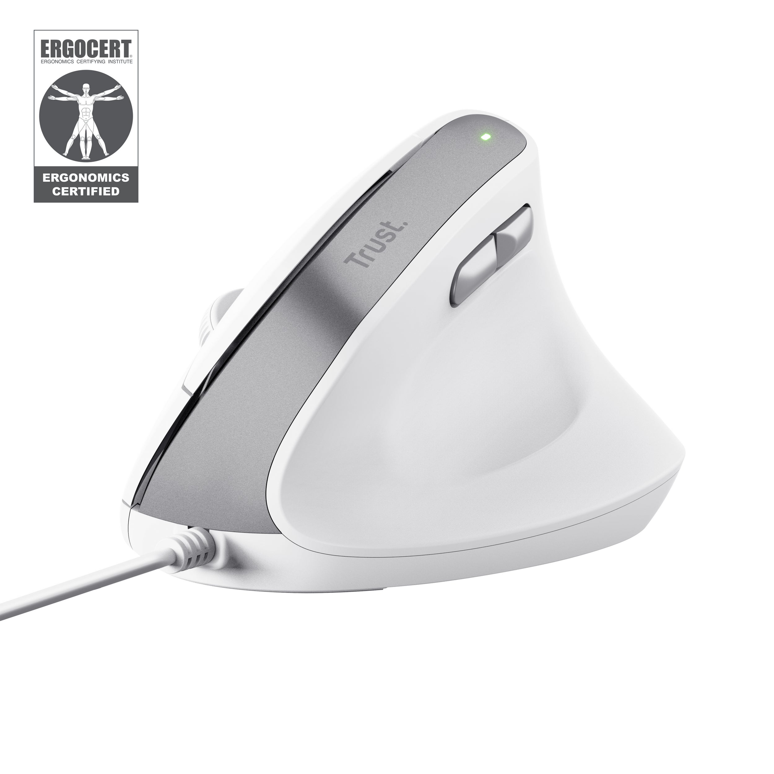 Trust Bayo II Ergonomische Maus – kabelgebunden, für Rechtshänder, Daumentaste, aus recyceltem Material, weiss