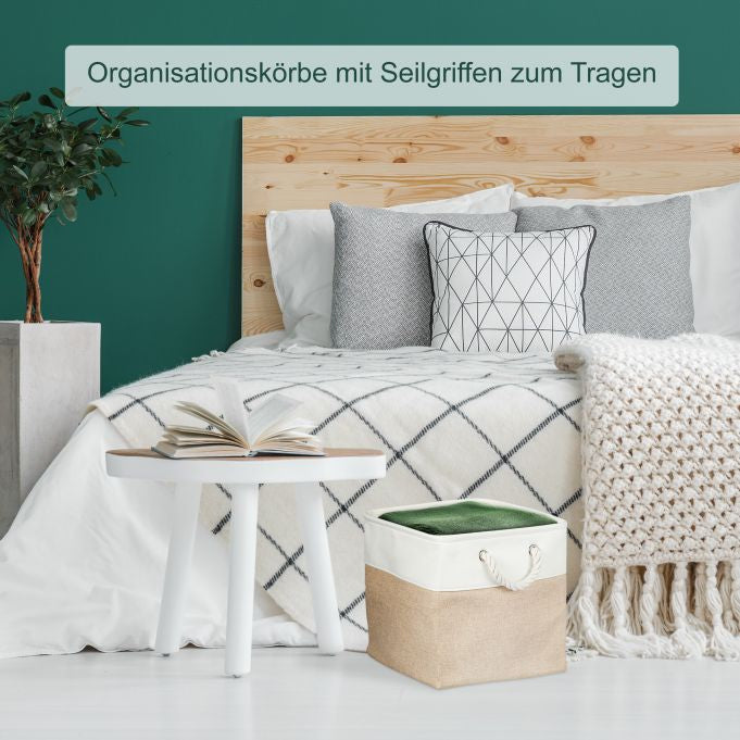 Relaxdays Aufbewahrungsbox ohne Deckel – Leinen – Beige/Weiss – 300 × 300 × 300 mm – mit Griffen – 4 Stück