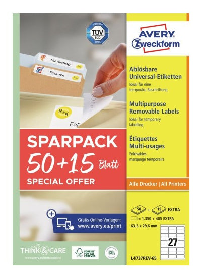 AVERY Zweckform – Etiketten A4 64 × 30 mm – Papier, weiss – wiederablösbar – 27 pro Blatt, 65 Blätter