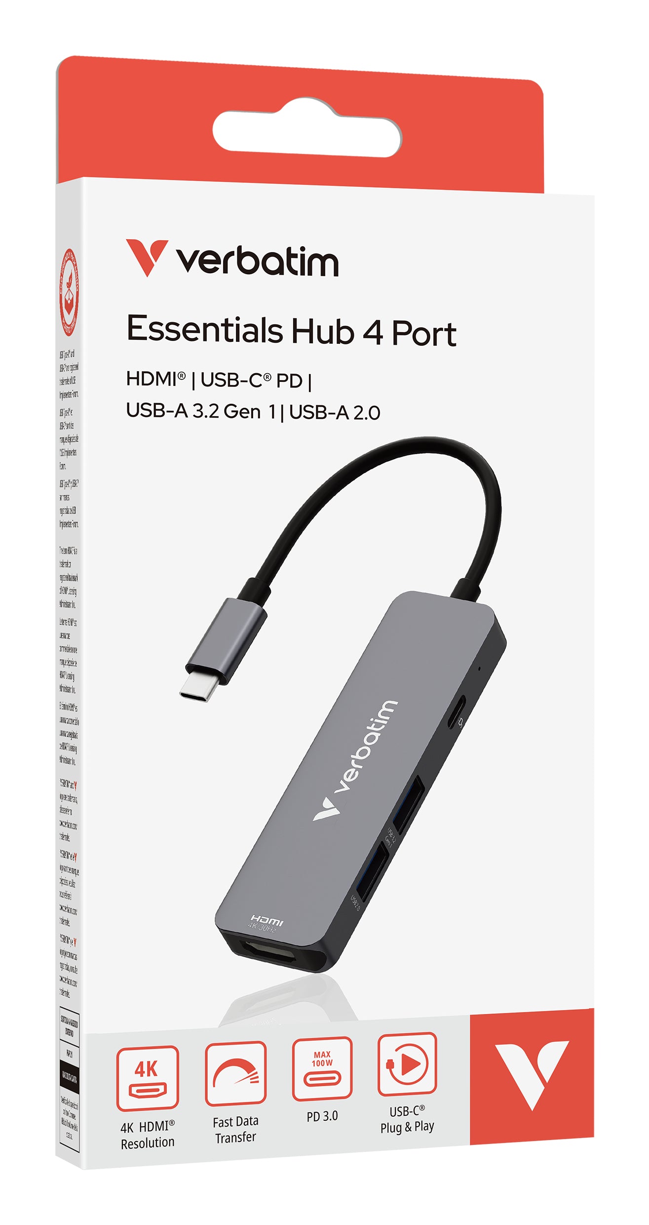 Verbatim 32155 Multiport-Adapter – USB-C, 1× HDMI, 2× USB-A, 100 W PD, für Windows/Mac/Linux
