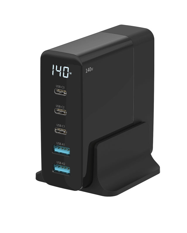 Sitecom CH-1004 USB-Desktop-Ladegerät 140 W – USB-C×3, USB-A×2 – PD, GaN, LED-Anzeige, EU-Stecker (Typ C)