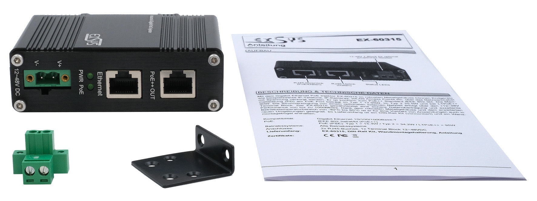 EXSYS EX-60315 PoE Midspan – 90 W IEEE 802.3bt, PoE++, Gigabit, 1× In / 1× Out RJ-45, IP40
