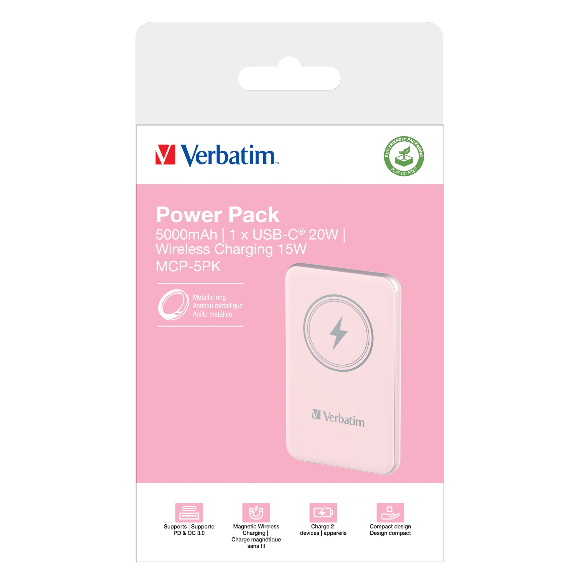 Verbatim Charge 'n' Go Magnetische MagSafe Powerbank 5'000 mAh – 20 W PD, Kabellos 15 W, 1× USB-C, pink