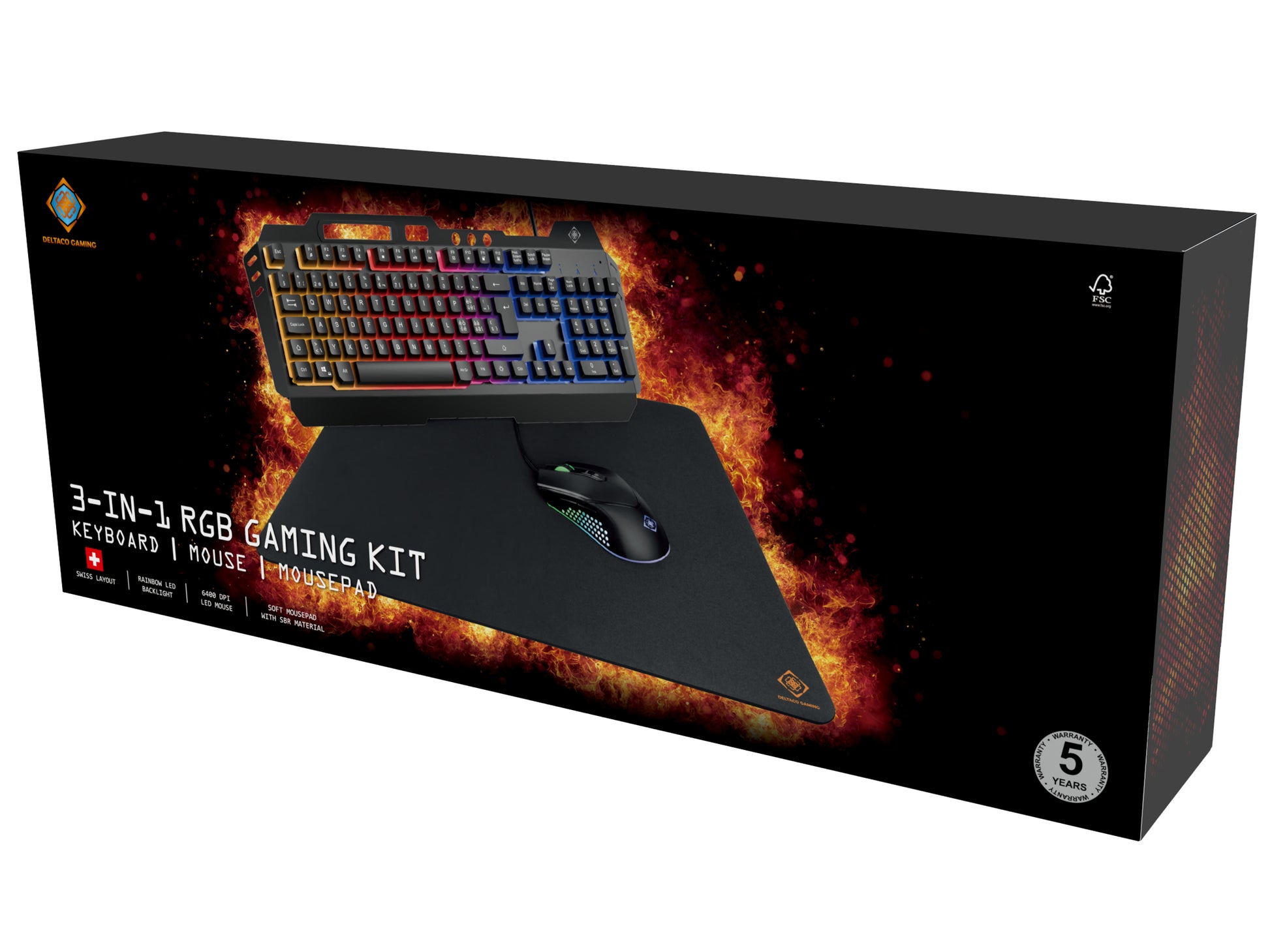 Deltaco Gaming GAM-113V2 – Tastatur-Maus-Set – Membran, RGB – verkabelt, USB-A – QWERTZ (CH) – schwarz
