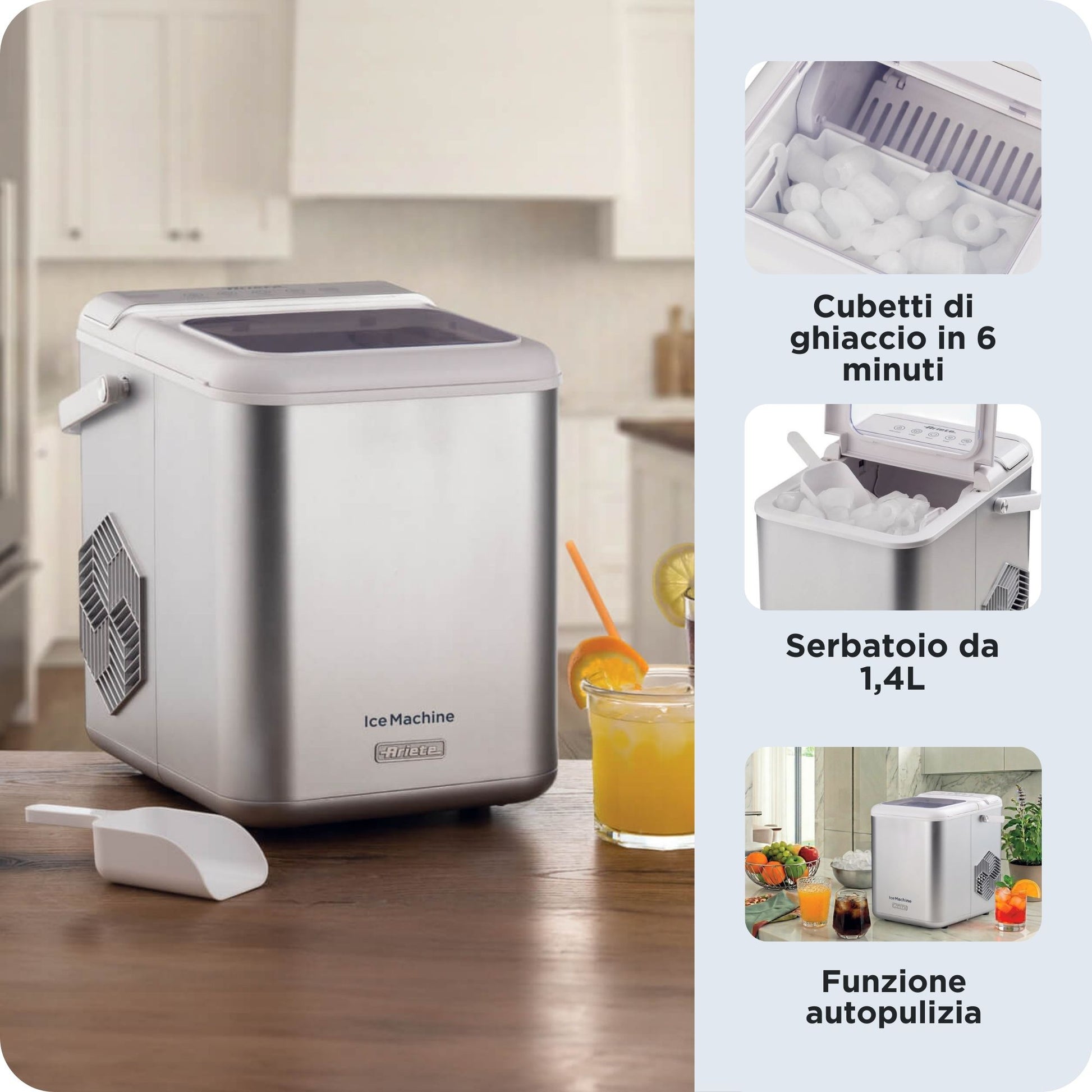 Ariete Eiswürfelmaschine ARI-651 – 12 kg/24 h, 1,4 l Wassertank – Edelstahl