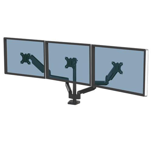 Fellowes Platinum – Monitorhalterung, 3 Monitore, Tischklemme, bis 27", VESA 75 × 75/100 × 100 mm, Schwarz