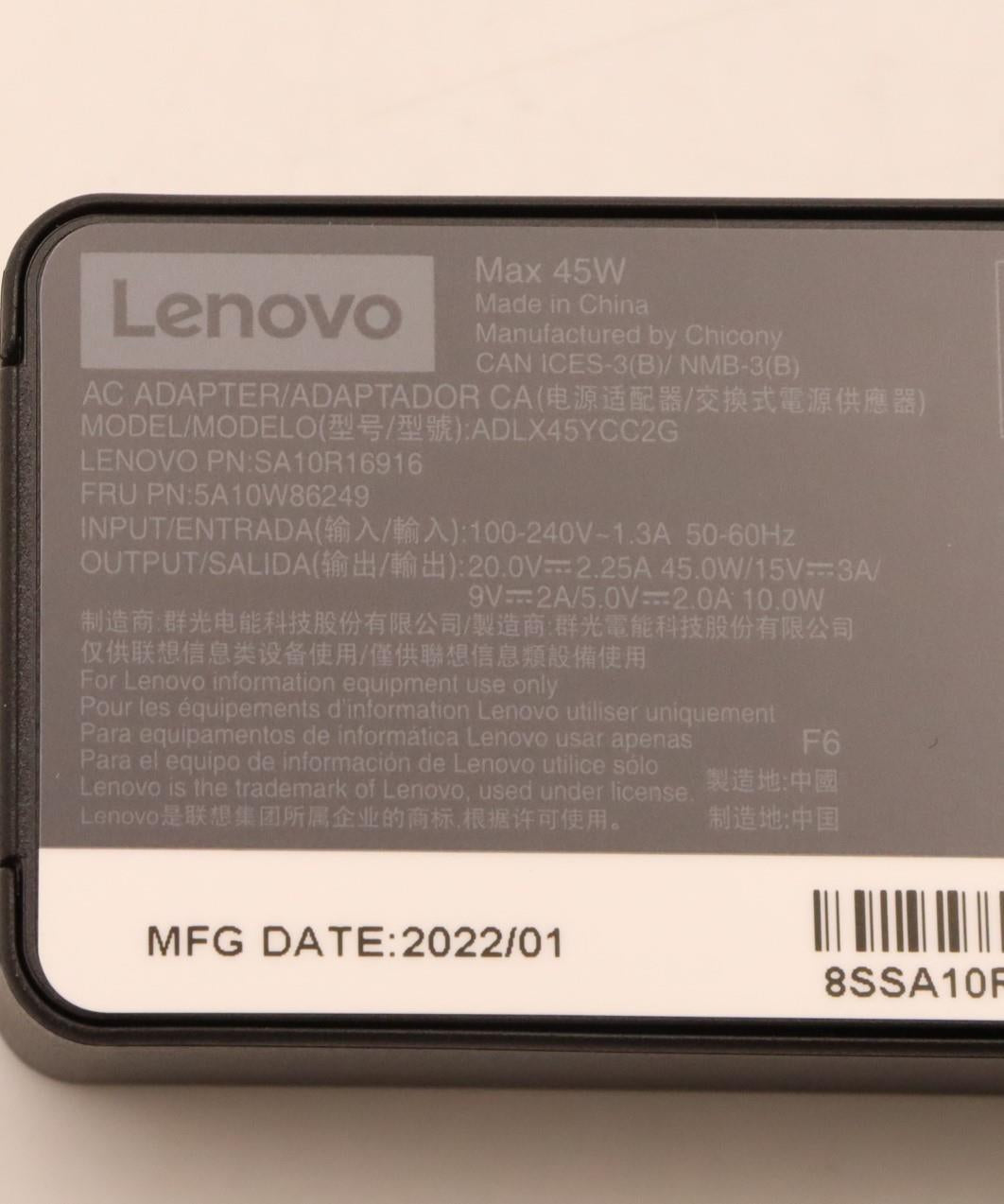 Lenovo 5A10W86249 USB-Ladegerät 45 W – USB-C×1, PD 3.0 – Schwarz – für Lenovo-Laptops
