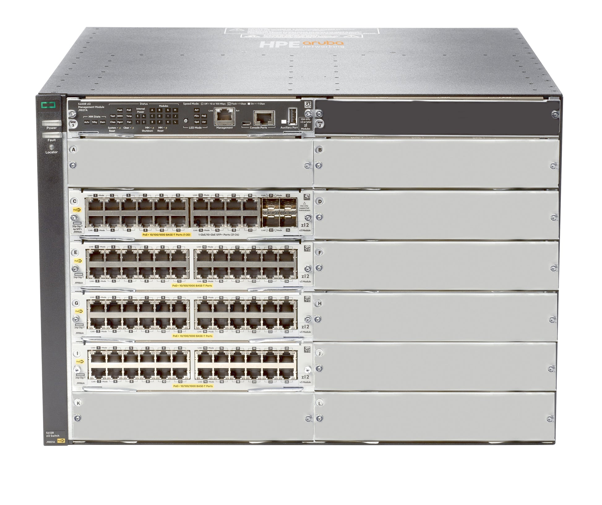 HPE Aruba 5412R 92GT – Managed Switch – 92×GbE, 4×SFP+, L3, PoE+, 19" Rack, 7U
