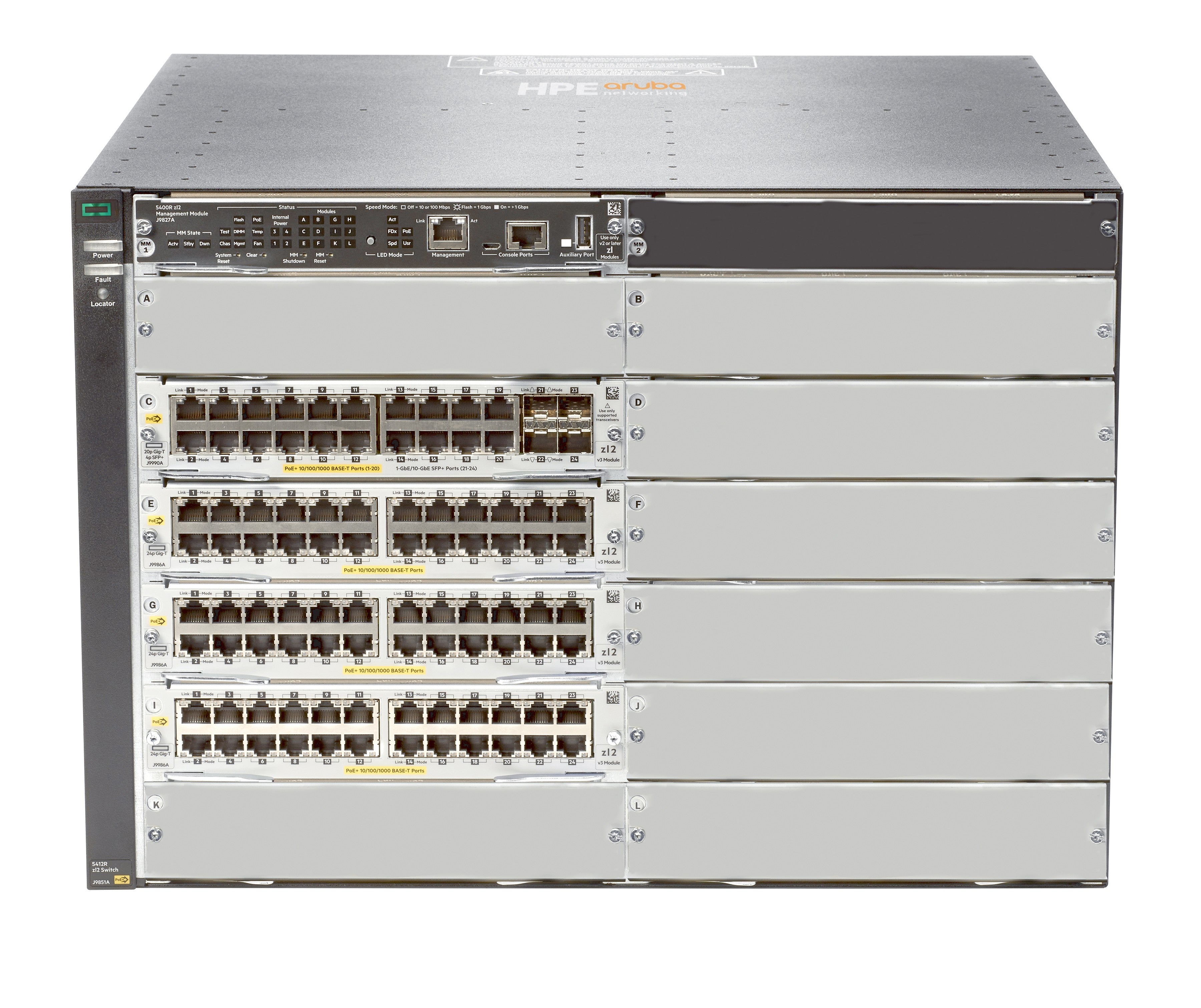 HPE Aruba 5412R 92GT – Managed Switch – 92×GbE, 4×SFP+, L3, PoE+, 19" Rack, 7U